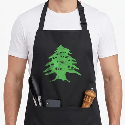 Lebanon pride apron - Distressed green cedar tree silhouette on black fabric — shown on a black cotton canvas apron against a white background