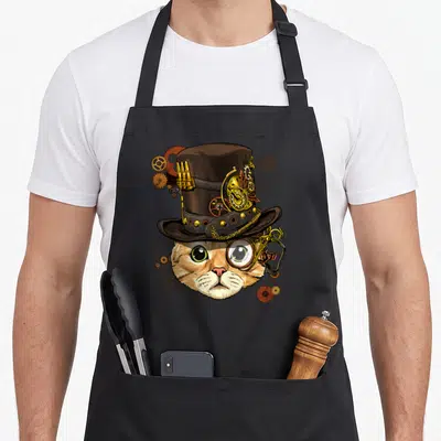Steampunk cat apron - Orange cartoon cat face wearing brown top hat and gold monocle with scattered gears — shown on a black cotton canvas apron against a white background