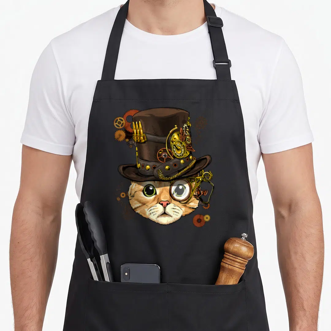 Steampunk cat apron - Orange cartoon cat face wearing brown top hat and gold monocle with scattered gears — shown on a black cotton canvas apron against a white background