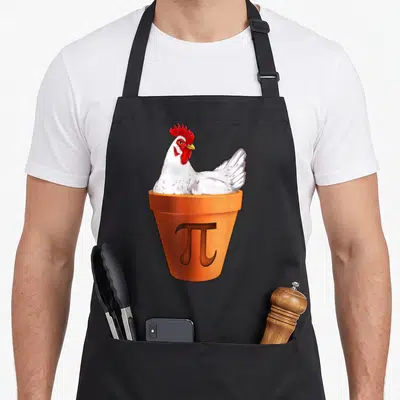 Pot chicken apron - White chicken sitting in orange flower pot with pi symbol printed on front — shown on a black cotton canvas apron against a white background