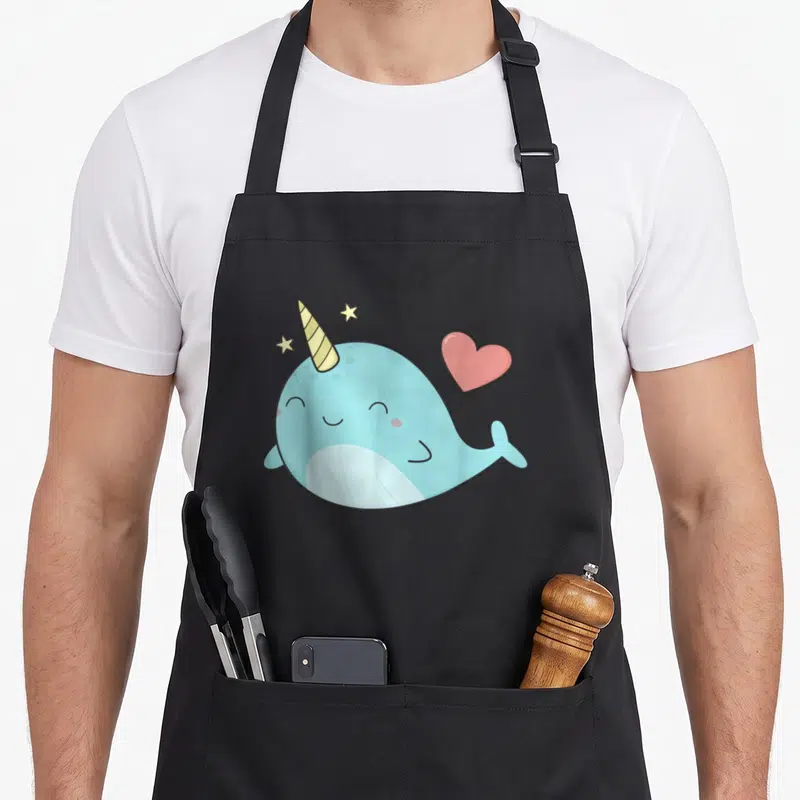 Narwhal kawaii apron - Light blue cartoon narwhal with pink heart and two yellow stars above horn — shown on a black cotton canvas apron against a white background