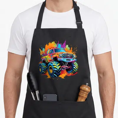 Youth truck apron - Cartoon monster truck with orange blue yellow purple pink paint splashes — shown on a black cotton canvas apron against a white background
