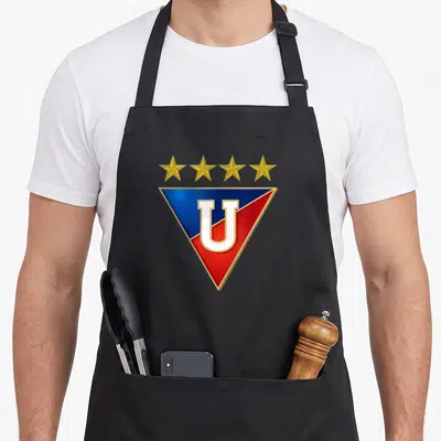 Quito galaktoboureko apron - Inverted triangle with four gold stars, blue and red split, white U letter — shown on a black cotton canvas apron against a white background