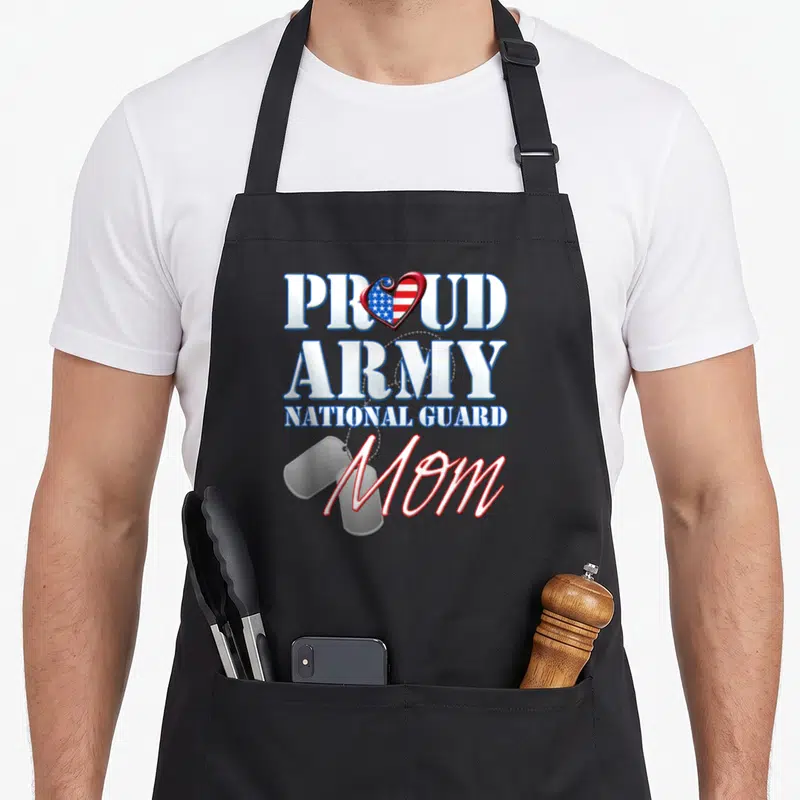 National mother's day aprons - Proud Army National Guard Mom text with patriotic heart and dog tags — shown on a black cotton canvas apron against a white background