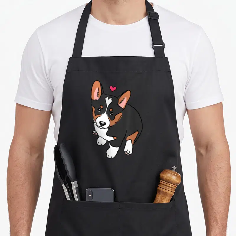 Tricolor dog apron - Cartoon corgi in black, tan, and white with a floating pink heart above its head — shown on a black cotton canvas apron against a white background