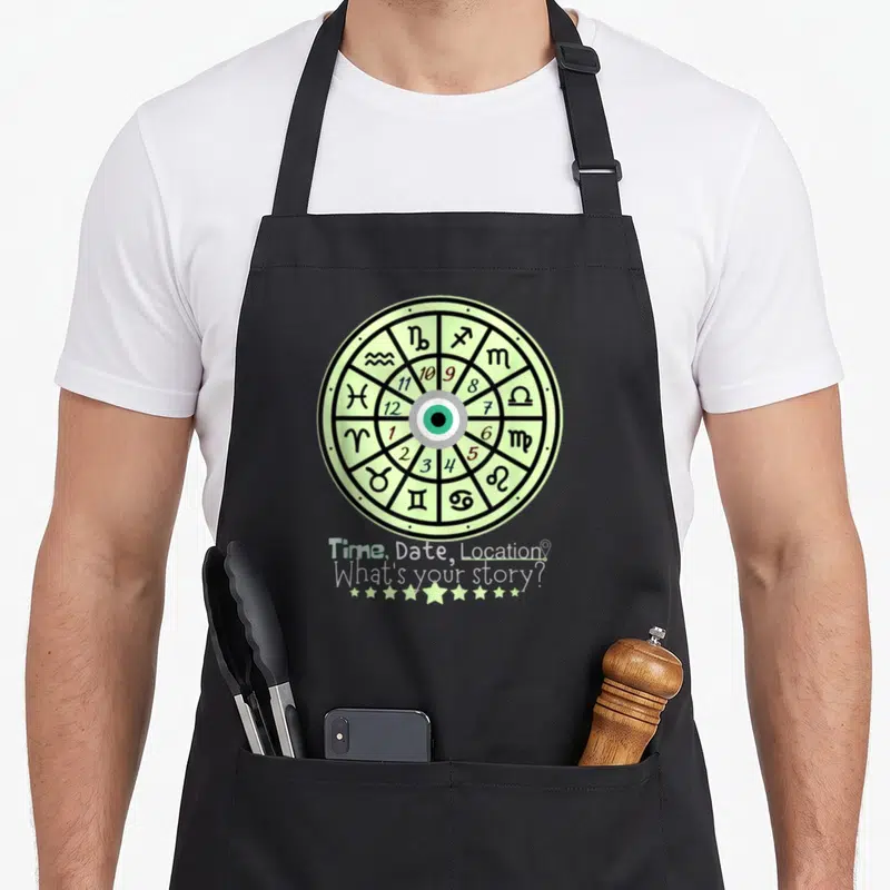 Astrology the story of the apron - Zodiac wheel with central eye and text Time Date Location What's your story above — shown on a black cotton canvas apron against a white background