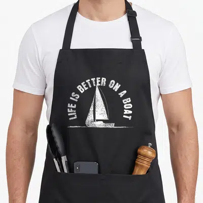 Boat yacht apron - Distressed white sailboat with LIFE IS BETTER ON A BOAT text arching above a water line — shown on a black cotton canvas apron against a white background