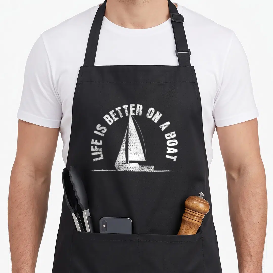 Boat yacht apron - Distressed white sailboat with LIFE IS BETTER ON A BOAT text arching above a water line — shown on a black cotton canvas apron against a white background