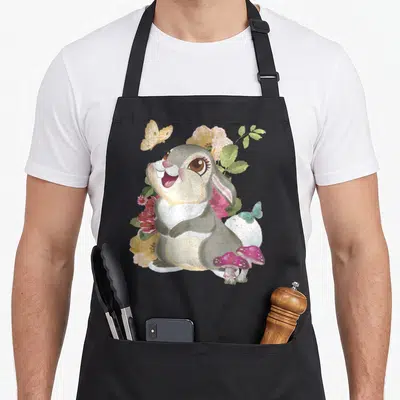 Bambi floral apron - Cartoon grey bunny with pink nose surrounded by yellow flowers, green leaves, purple mushrooms — shown on a black cotton canvas apron against a white background