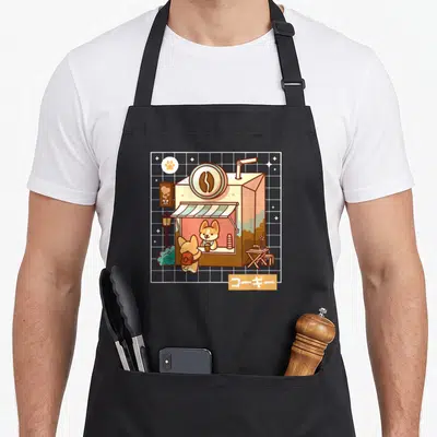 Japanese corgi aprons - Cartoon corgis at a carton coffee shop with Japanese text Corgi on grid background — shown on a black cotton canvas apron against a white background