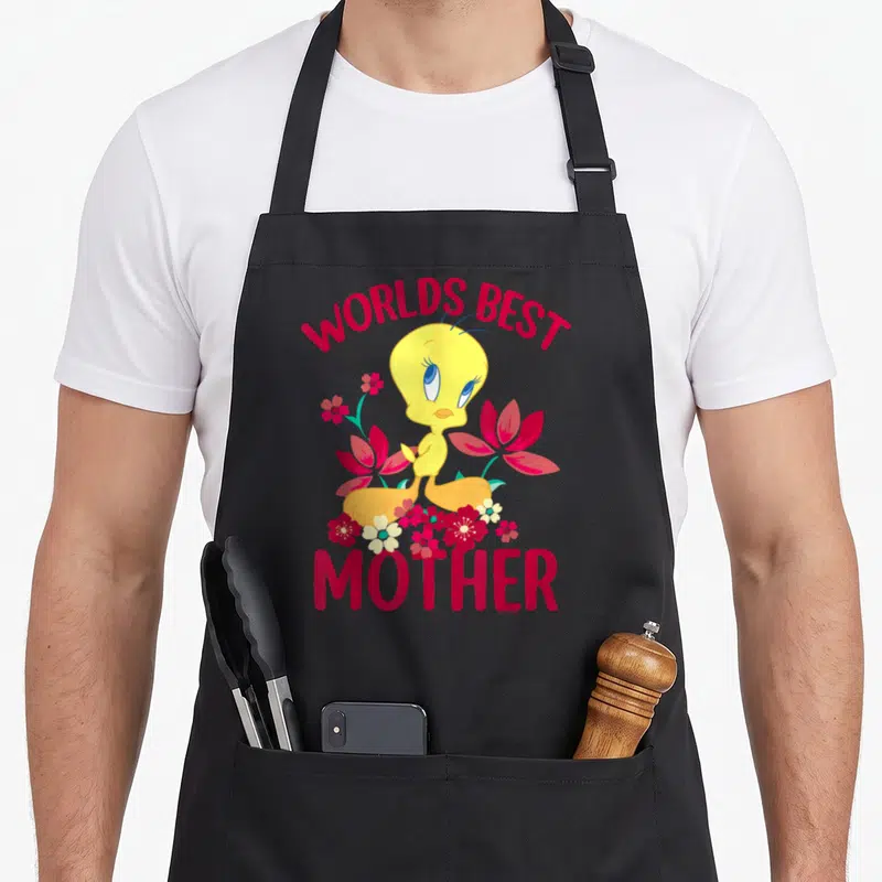 Tweety mother's day aprons - Yellow Tweety Bird surrounded by red and teal flowers with red WORLDS BEST MOTHER text — shown on a black cotton canvas apron against a white background