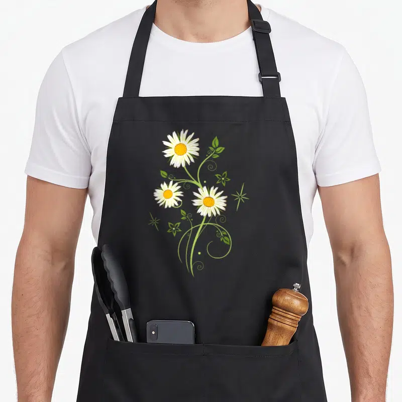 Marguerite spring apron - Three white daisies with yellow centers and green stems — shown on a black cotton canvas apron against a white background