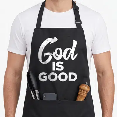 Religion catholic apron - White distressed text reading God IS GOOD stacked vertically — shown on a black cotton canvas apron against a white background