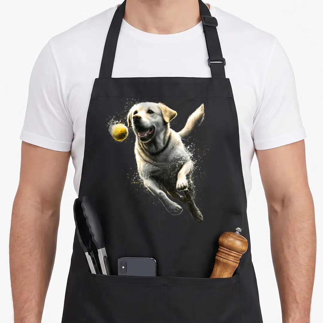 Chasing labrador apron - Realistic yellow dog jumping at tennis ball with white water splashes — shown on a black cotton canvas apron against a white background