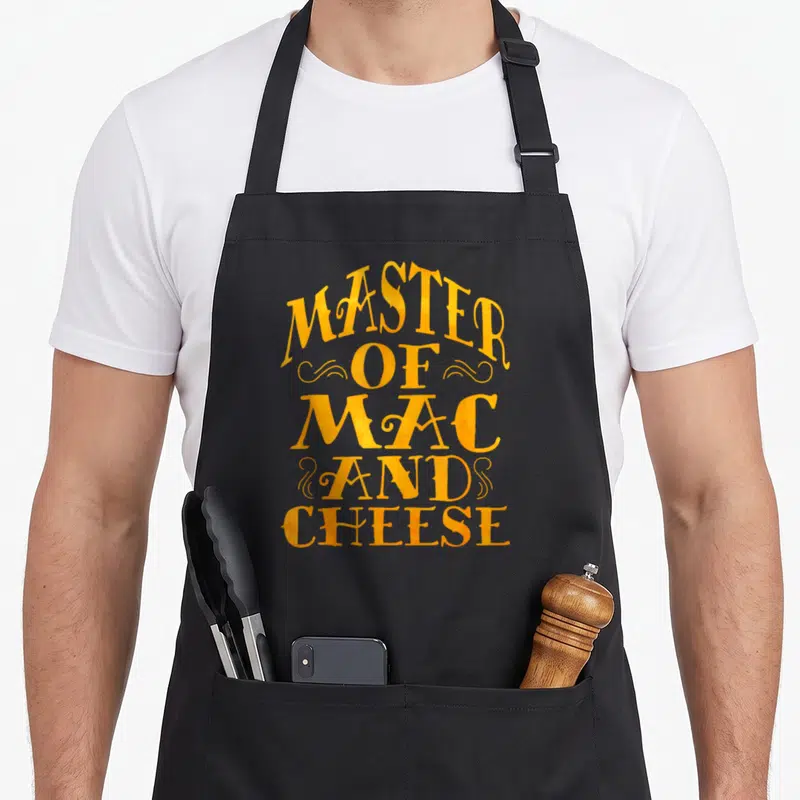 Mac master apron - Orange arched text MASTER OF MAC AND CHEESE with decorative swirls on gray background — shown on a black cotton canvas apron against a white background