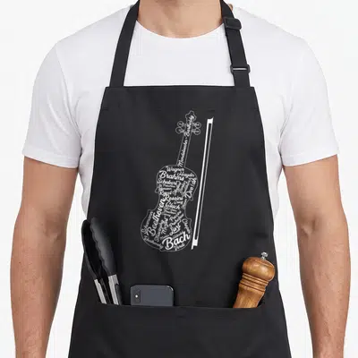 Classical violin apron - White typographic violin shape formed by composer names with a standing bow on black fabric — shown on a black cotton canvas apron against a white background