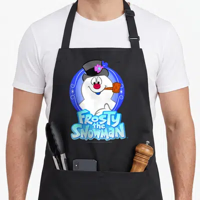 Frosty portrait snowman apron - Cartoon snowman in blue oval with stacked Frosty the Snowman text below — shown on a black cotton canvas apron against a white background