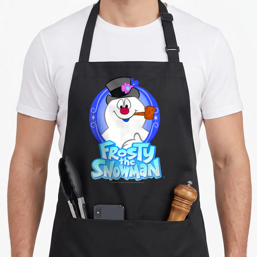 Frosty portrait snowman apron - Cartoon snowman in blue oval with stacked Frosty the Snowman text below — shown on a black cotton canvas apron against a white background