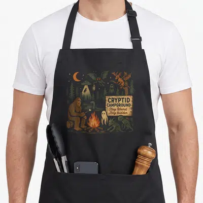 Campground bigfoot apron - Distressed illustration of cryptids roasting marshmallows by a campfire with a wooden sign — shown on a black cotton canvas apron against a white background