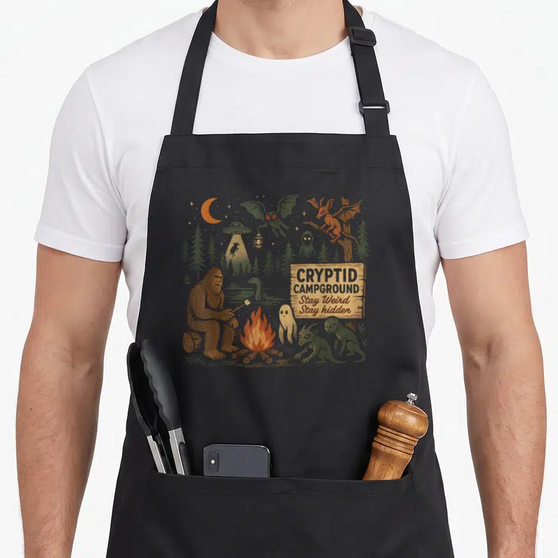 Campground bigfoot apron - Distressed illustration of cryptids roasting marshmallows by a campfire with a wooden sign — shown on a black cotton canvas apron against a white background