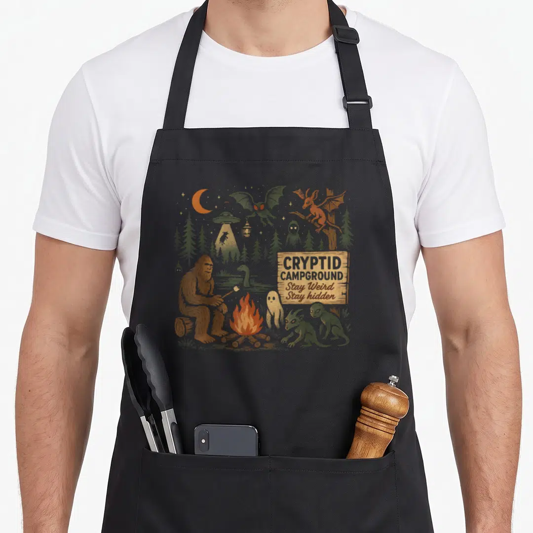 Campground bigfoot apron - Distressed illustration of cryptids roasting marshmallows by a campfire with a wooden sign — shown on a black cotton canvas apron against a white background