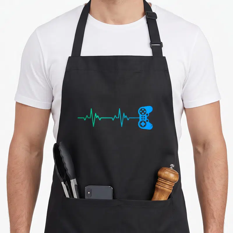 Heartbeat game aprons - Teal heartbeat line connecting to a blue game controller silhouette — shown on a black cotton canvas apron against a white background