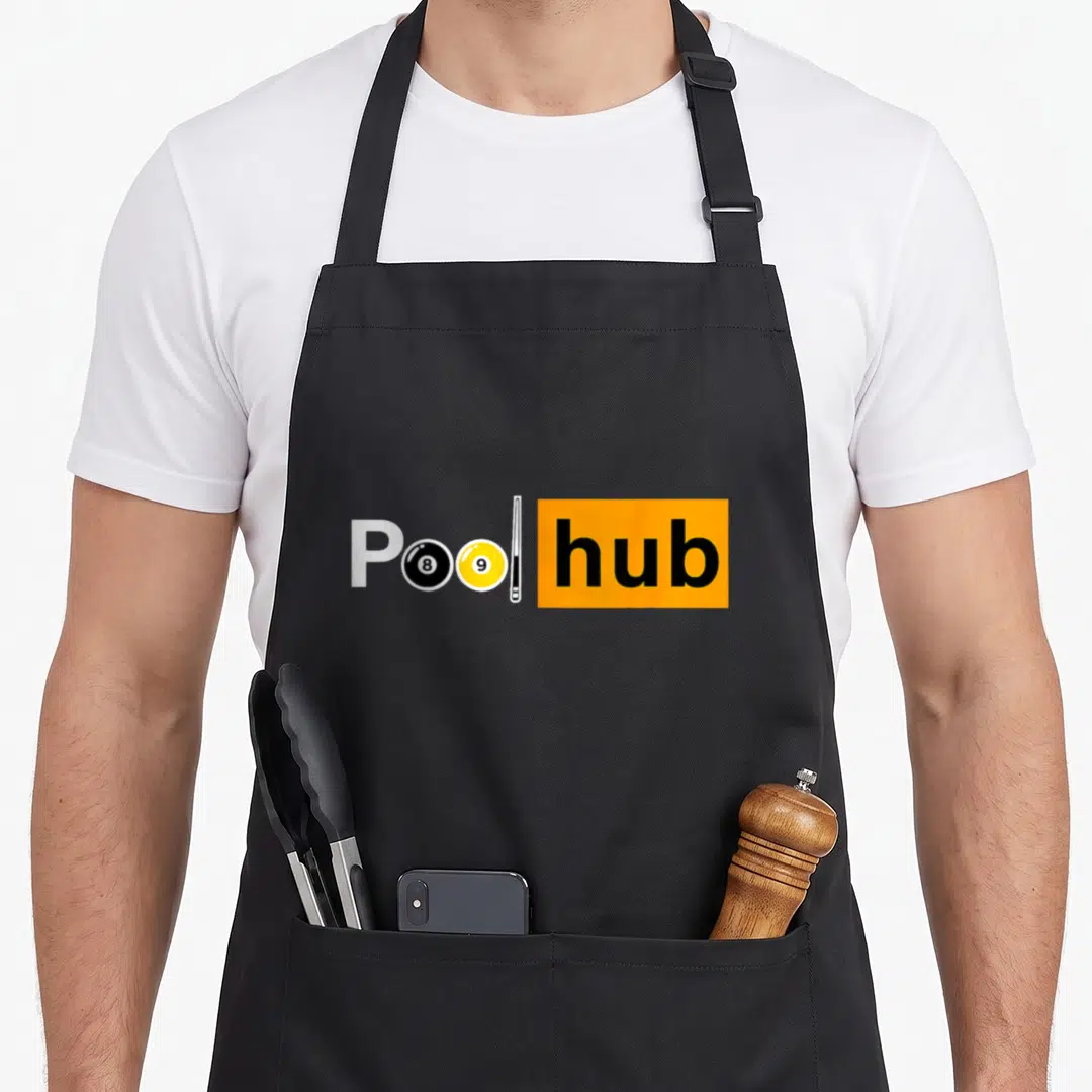 Hub billiards apron - Pool hub text formed by pool balls, cue, and orange rectangle — shown on a black cotton canvas apron against a white background
