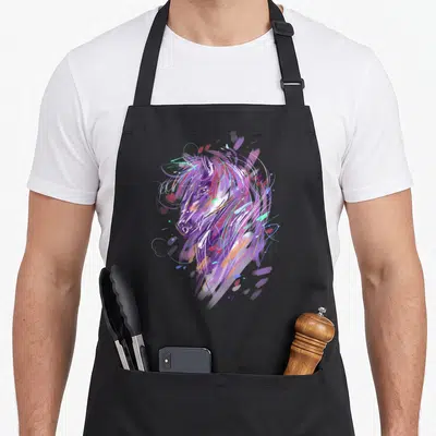 Cute horseback horse apron - Watercolor horse head art in purple, blue, pink, and white paint strokes — shown on a black cotton canvas apron against a white background