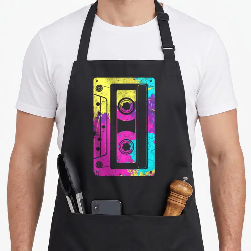 Mixtape 80s apron - Grey cassette tape silhouette on yellow pink and blue paint splatter background — shown on a black cotton canvas apron against a white background