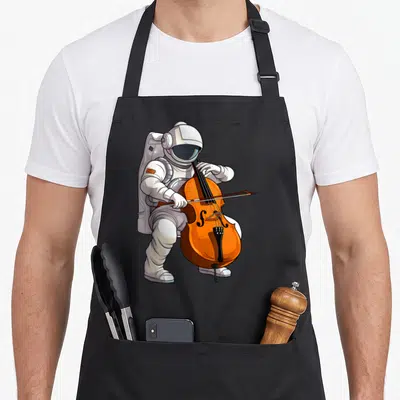 Astronaut cello apron - Cartoon astronaut in white suit playing large orange cello with bow on grey background — shown on a black cotton canvas apron against a white background