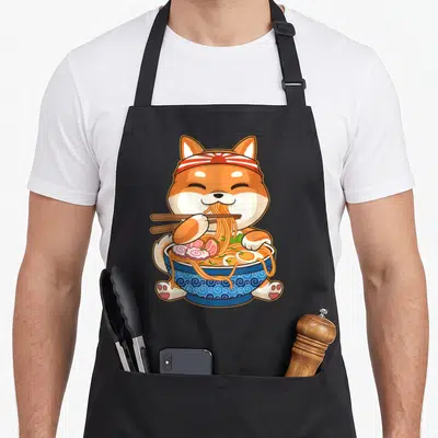 Kawaii dog apron - Cartoon shiba inu with red headband eating noodles from blue swirl bowl — shown on a black cotton canvas apron against a white background