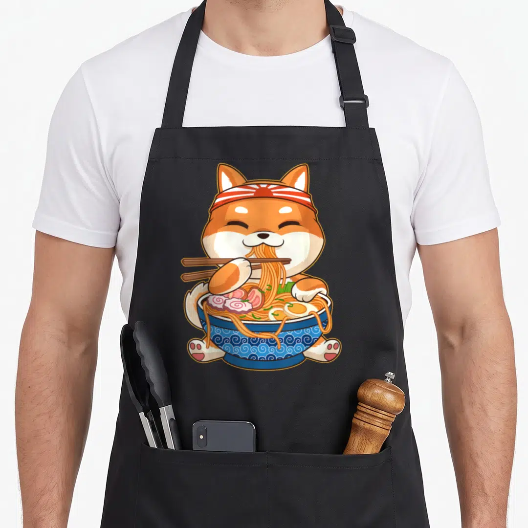 Kawaii dog apron - Cartoon shiba inu with red headband eating noodles from blue swirl bowl — shown on a black cotton canvas apron against a white background