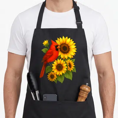 Cardinal the floral apron - Red cardinal perched on yellow sunflowers with green leaves in realistic art style — shown on a black cotton canvas apron against a white background
