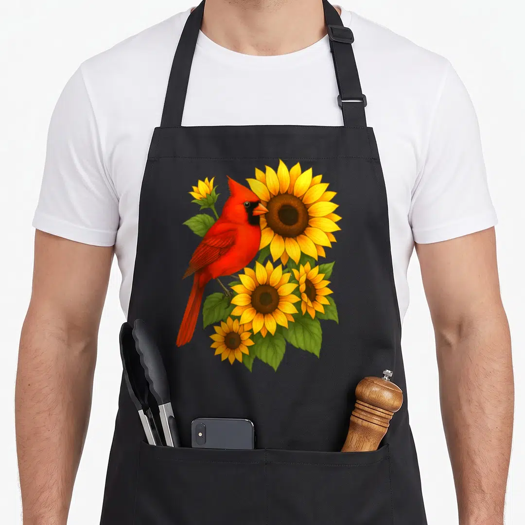 Cardinal the floral apron - Red cardinal perched on yellow sunflowers with green leaves in realistic art style — shown on a black cotton canvas apron against a white background