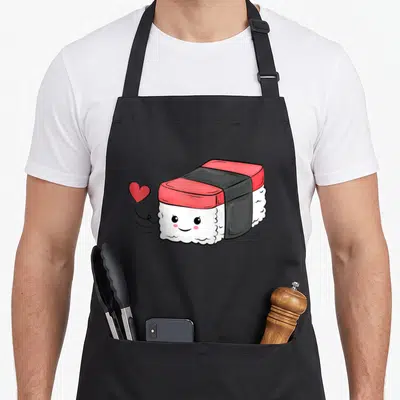 Hawaiian sushi apron - Cute cartoon nigiri sushi with face and red heart in red white black — shown on a black cotton canvas apron against a white background