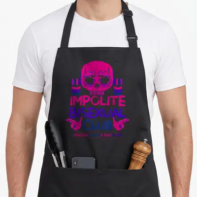 Boredkoalas pride apron - Pink skull and finger guns with Impolite Bisexual Club text in flag colors — shown on a black cotton canvas apron against a white background