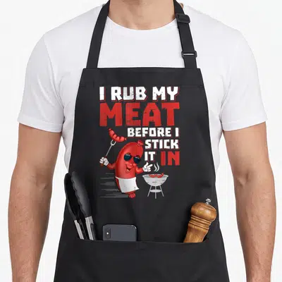 Before meat aprons - Cartoon sausage with sunglasses holding a fork next to a grill with red and white text — shown on a black cotton canvas apron against a white background