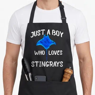Water animal apron - Blue stingray silhouette with white text JUST A BOY WHO LOVES STINGRAYS — shown on a black cotton canvas apron against a white background