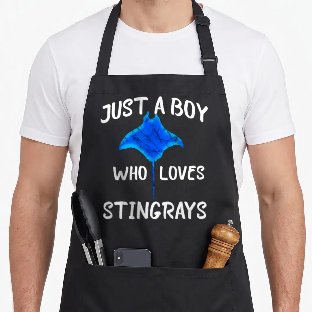Water animal apron - Blue stingray silhouette with white text JUST A BOY WHO LOVES STINGRAYS — shown on a black cotton canvas apron against a white background