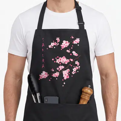 Blossom cherry apron - Vertical pink SAKURA text beside three diagonal branches of pink cherry blossoms and brown stems — shown on a black cotton canvas apron against a white background