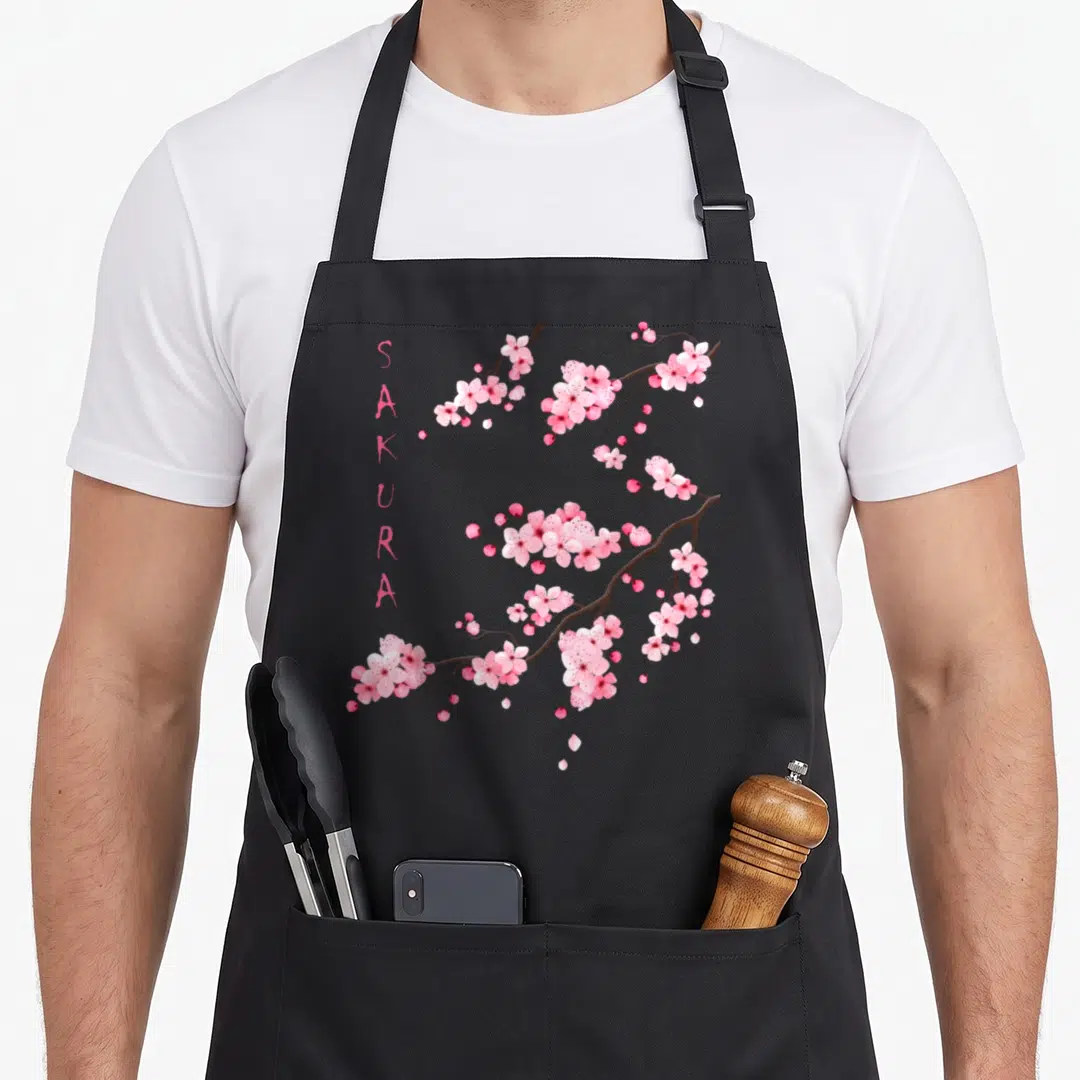 Blossom cherry apron - Vertical pink SAKURA text beside three diagonal branches of pink cherry blossoms and brown stems — shown on a black cotton canvas apron against a white background