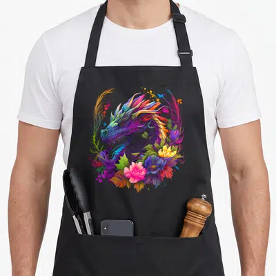 Watercolor colorful apron - Multicolored dragon head surrounded by pink, purple, orange, blue, and green floral — shown on a black cotton canvas apron against a white background