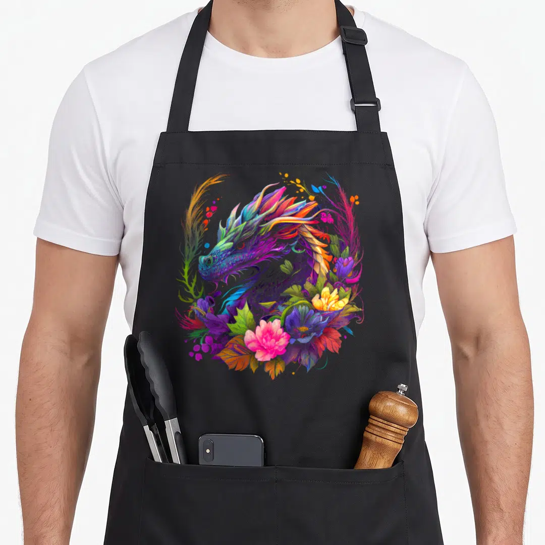 Watercolor colorful apron - Multicolored dragon head surrounded by pink, purple, orange, blue, and green floral — shown on a black cotton canvas apron against a white background