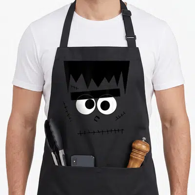Munster halloween apron - Cartoon grey monster face with black jagged hair and stitched cheeks — shown on a black cotton canvas apron against a white background