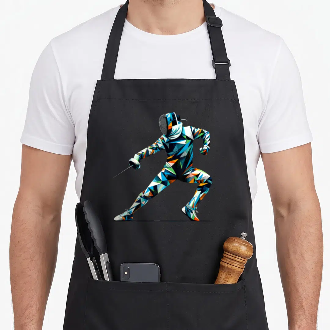 Polygon fencing apron - Geometric polygon fencer in lunging pose colored blue orange teal black white — shown on a black cotton canvas apron against a white background