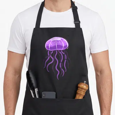 Costume crazy jellyfish man apron - Purple cartoon jellyfish with dark tentacles centered on grey background — shown on a black cotton canvas apron against a white background