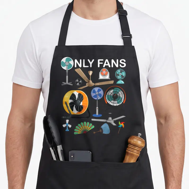 Ventilator f1 fan apron - Cartoon fans in white blue yellow green red with ONLY FANS text at top — shown on a black cotton canvas apron against a white background