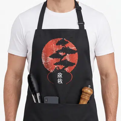 Japanese zen tree apron - Grey bonsai silhouette over distressed red circle with two white kanji characters — shown on a black cotton canvas apron against a white background
