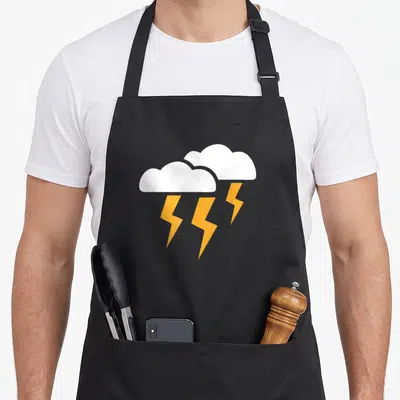 Lightning thunderstorms apron - Two white storm clouds overlapping with three orange lightning bolts descending below — shown on a black cotton canvas apron against a white background