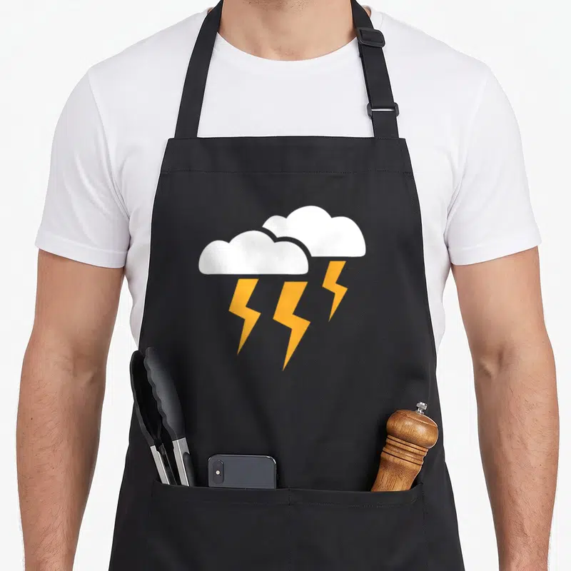 Lightning thunderstorms apron - Two white storm clouds overlapping with three orange lightning bolts descending below — shown on a black cotton canvas apron against a white background